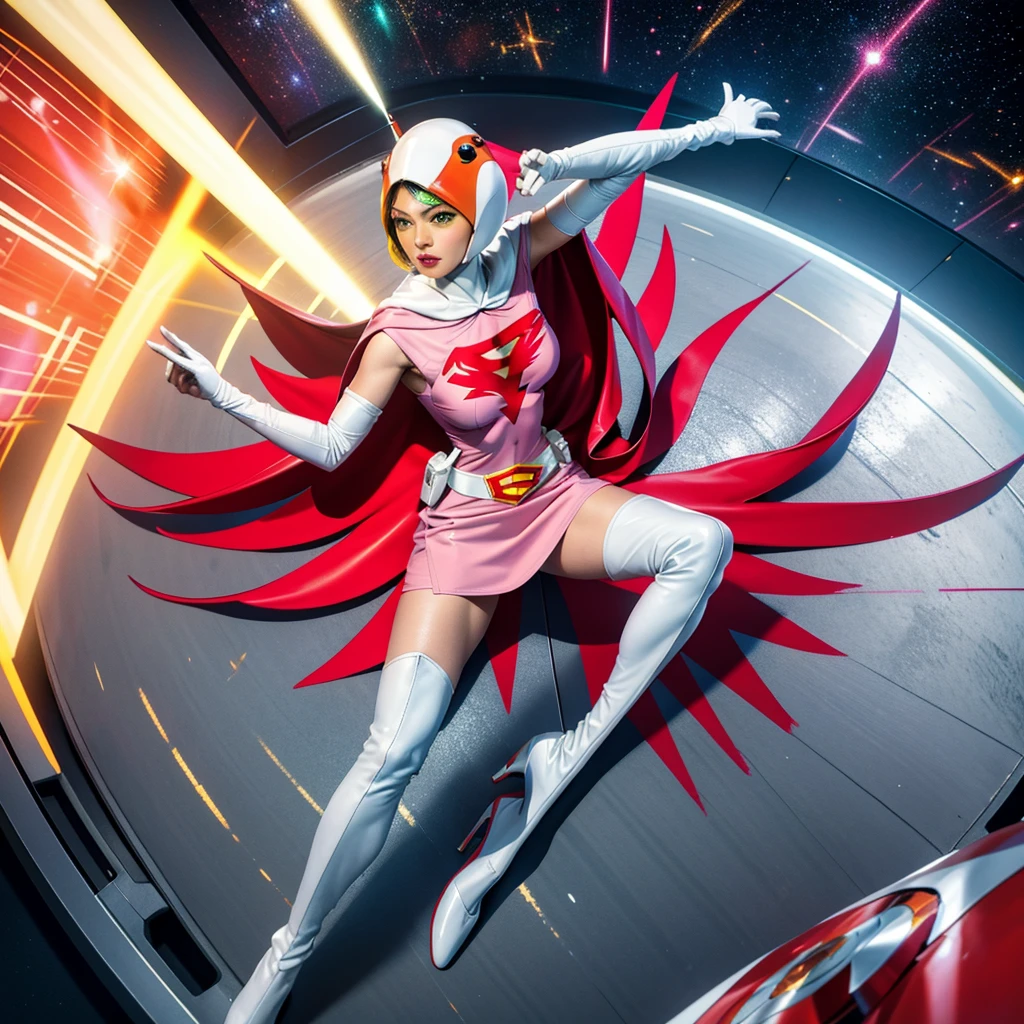 ANI_CLASSIC_jun_gatchaman_ownwaifu,1girl, 15yo,good anatomy, masterpiece, best quality,realistic, hyperrealistic, 16k hdr, long hair,breasts,green eyes,lips,large breasts,lipstick,makeup,gloves,cape,helmet,belt,elbow gloves,white gloves,mask,ultra miniskirt,leotard,spacesuit,white tight overknee highheels boots,pink dress,superhero,bodysuit,cleavage,erected nipples,(sexy pose,view from above),(spread legs:1.1),cameltoe