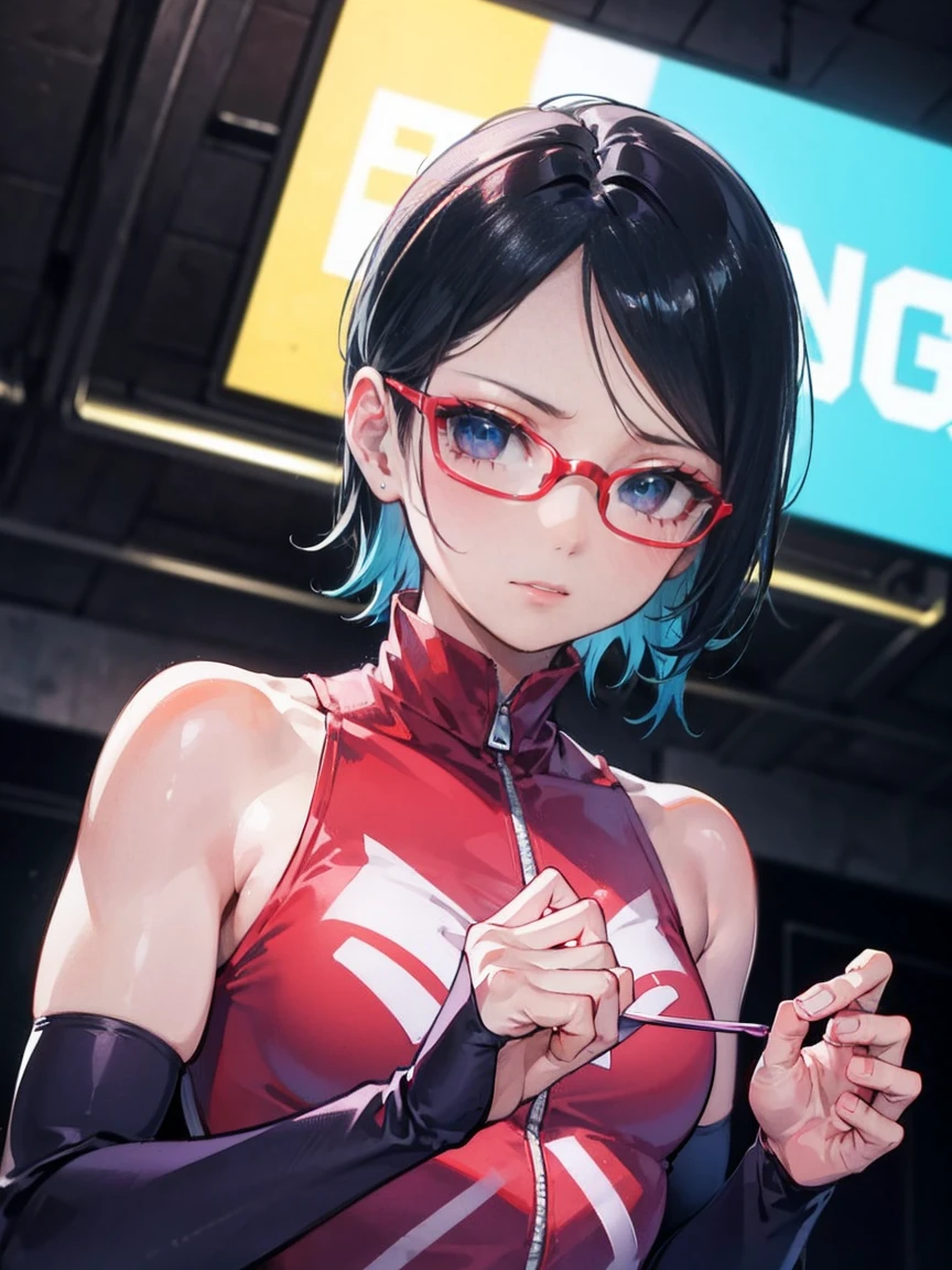 Sarada Uchiha, gymnaste artistique, nu, Se produisant au Stade de Gymnastique. Elle a les cheveux courts et noirs et de magnifiques yeux noirs. Son petit visage et ses lunettes rehaussent son apparence gracieuse. L'accent est mis sur les yeux expressifs et détaillés de Sarada, captant la détermination et la passion dans son regard. Le médium artistique utilisé est une combinaison de couleurs réalistes et vibrantes, créer une composition visuellement saisissante. L&#39;éclairage est dynamique, en accentuant les mouvements de Sarada et en mettant en valeur les contours de sa silhouette athlétique. La qualité de l&#39;image est exceptionnellement élevée, avec une précision ultra-détaillée et un rendu photoréaliste de Sarada et du Stade de Gymnastique. L'œuvre d'art reflète l'entraînement intense et le dévouement de Sarada en tant que gymnaste, dépeignant sa force et son élégance d'une manière captivante.