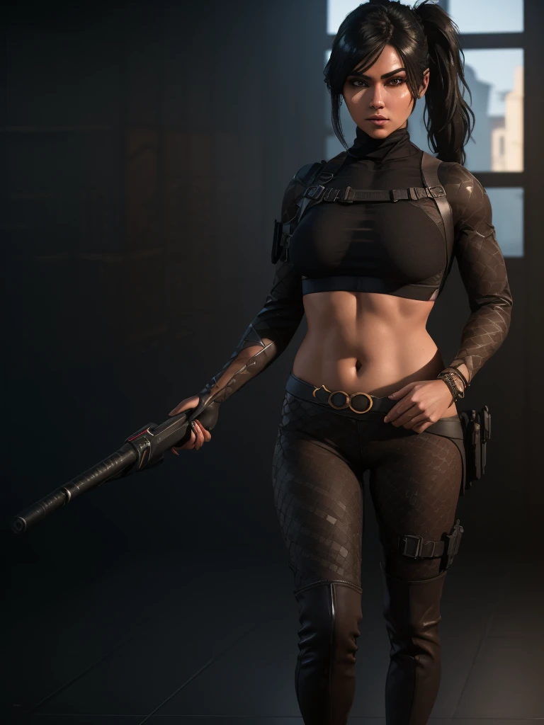 (full body portrait, 1 girl, looking at viewer, highly detailed, anatomy correct:1.4), tactical gear, coffee knee boots, (athletic body:1.3), coffee leggings, jewelry, black hair, ponytail hair, ski mask, (perfect face and hands:1.4), ((Best quality, masterpiece, Very beautiful woman)), Depth-of-field, Multi-layered textures, HDR (High Dynamic Range), Ray Tracing, NVIDIA RTX, Unreal 5, Subsurface scattering, PBR Texturing, Post-processing, Anisotropic Filtering, Maximum clarity and sharpness, Wide aperture, Low ISO, White balance, Rule of thirds, 8K RAW, (extremely slutty), (Highly realistic skin), sharp image, (extremely high quality artwork),