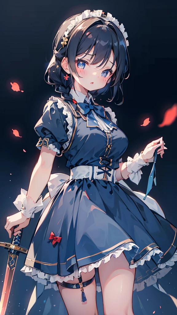 Black-haired girl，Indifferent girl，Golden pupils，Black long hair，braid，braid，Braid behind the head，Lolita Skirt，Blue Lolita Dress，Lolita style，Blue Skirt，Blue Skirt，Blue Skirt，Blue Skirt，Blue and white Lolita skirt，Blue Dress，Blue Dress，Red bow tie，Red bow tie，Red bow tie，Red bow tie，Red bow tie，Single braid，Single braid，短braid，Repressive style，garter，garter，garter，Large Breasts，Great Sword，Holding Great Sword，Holding Great Sword，Great Sword