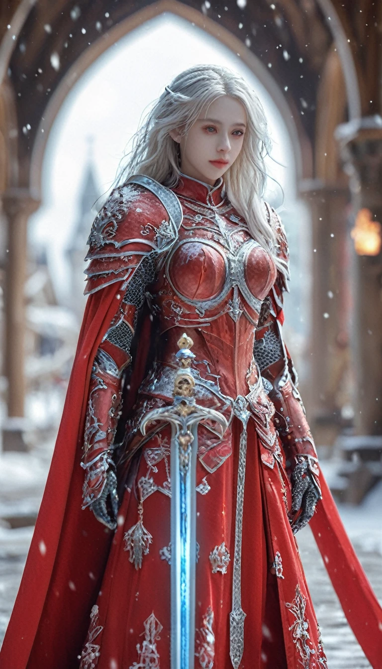 excellent quality, masterpiece, best quality, Ultra Detailed, Extremely detailed, Ultra HD, beautiful girl, Perfect anatomical structure, Perfect body, Model, Fashion pose, Wearing full magical red armor and red cape, Holding a crystal sword, Snowy medieval city, (random color:1.4),
Long hair, Various hairstyles, White hair, black eyes, Glowing eyes,
Extremely detailed, hkstyle