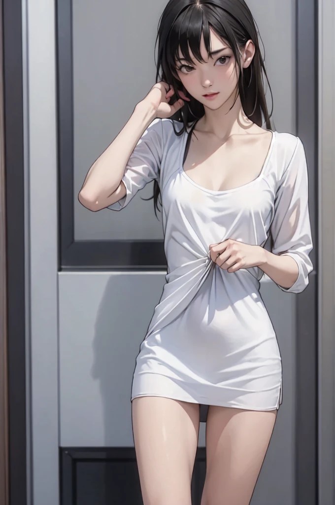 ((masterpiece, best quality)),((high resolution:1.3)), 1 Girl, solo, Cowboy Shot, Blurred Background, silky hair, (((Small breasts:1.3))), Thighs, (((cool Pose))), ((mini dress)), ((lift dress:1.2))