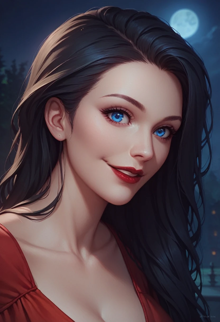 Laura,red lips,blue eyes,long black hair,
red dress,
upper body,solo,standing,smile,close,
night,large mansion,
(insanely detailed, beautiful detailed face,beautiful detailed eyes, masterpiece, best quality),