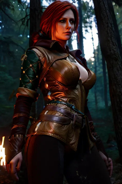 Tris Merigold in a hunting outfit seductively in a dark forest, looks like a whore porn hentai art 3D