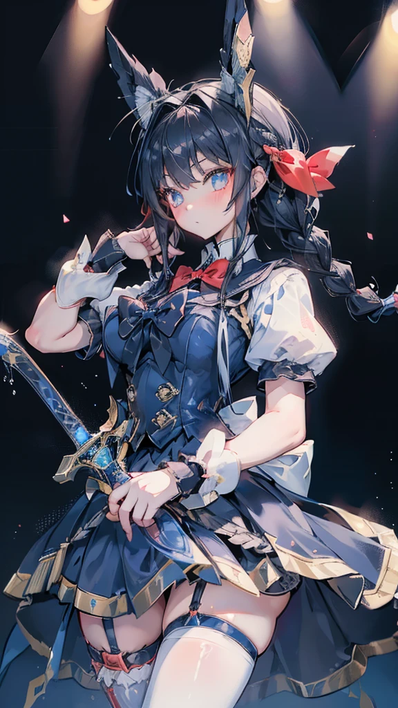 Black-haired girl，Indifferent girl，Golden pupils，Black long hair，braid，braid，Braid behind the head，Lolita Skirt，Blue Lolita Dress，Lolita style，Blue Skirt，Blue Skirt，Blue Skirt，Blue Skirt，Blue and white Lolita skirt，Blue Dress，Blue Dress，Red bow tie，Red bow tie，Red bow tie，Red bow tie，Red bow tie，Single braid，Single braid，短braid，Repressive style，garter，garter，garter，Large Breasts，Great Sword，Holding Great Sword，Holding Great Sword，Great Sword