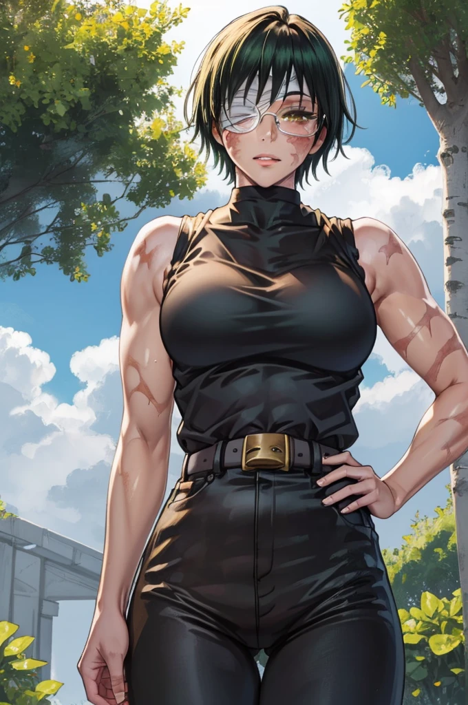 MakiShS1, solo, scar, short hair, 1girl, scar on face, looking at viewer, glasses, burn scar, green hair, sleeveless, belt, pants, bangs, cowboy shot,  shirt, muscular, bandages, round eyewear, bandage over one eye, normal breasts, bare shoulders, closed mouth, muscular female, turtleneck, yellow eyes, black pants, black shirt, scar on arm, parted lips, black clothes, sleeveless shirt, high-waist pants, outdoors, sky, blue sky, clouds, trees, BREAK
masterpiece, best quality, highly detailed background, perfect lightingbest quality, ((shiny skin, glossy skin, detailed skin))