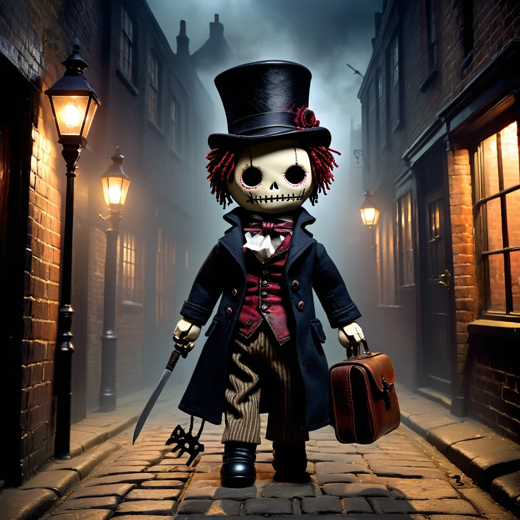 (knitted toy voodoo doll:1.5), (Voodoo Jack the Ripper:1.3), (Clothing: tattered Victorian coat with dark stains:1.0), (Accessories: enchanted cursed knife, glowing sinister doctor's bag:1.1), (background: foggy London alley with flickering gas lamps, eerie whispers, and shadowy figures:1.2), best quality, masterpiece, detailed soft oil painting, detailed background, dramatic cinematic lighting, soft edge lighting, professional, dramatic lighting, hard edge lighting, ultra quality, 4k, masterpiece, best quality, 8k, ultra high definition, high resolution, extremely detailed
