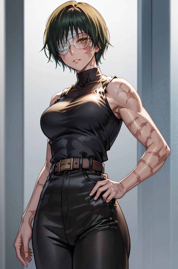 MakiShS1, solo, scar, short hair, 1girl, scar on face, looking at viewer, glasses, burn scar, green hair, sleeveless, belt, pants, bangs, cowboy shot,  shirt, muscular, bandages, round eyewear, bandage over one eye, normal breasts, bare shoulders, closed mouth, muscular female, turtleneck, yellow eyes, black pants, black shirt, scar on arm, parted lips, black clothes, sleeveless shirt, high-waist pants, suicide, almost die, BREAK
masterpiece, best quality, highly detailed background, perfect lightingbest quality, ((shiny skin, glossy skin, detailed skin))