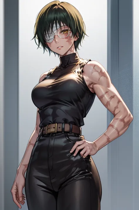 makishs1, solo, scar, short hair, 1girl, scar on face, looking at viewer, glasses, burn scar, green hair, sleeveless, belt, pant...