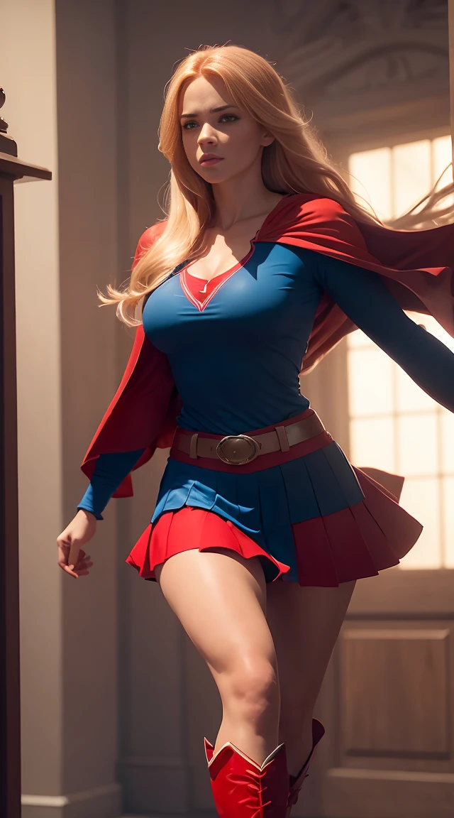 a sexy athletic girl with large breasts,blue top,red skirt,red boots,long blonde hair,red cape,extremely detailed face,hyper realistic,8k,digital art,dramatic lighting,cinematic,vibrant colors,photorealistic,chiaroscuro,fantasy,mystical,dramatic pose