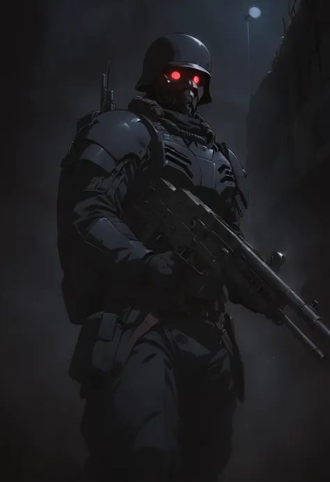 jin-roh!,1 boy,glowing,cowboy shot,strong,round eyes,backpack,no pupils,radio antenna,red eyes,dark,low-key,night,shadow,
sewer,...