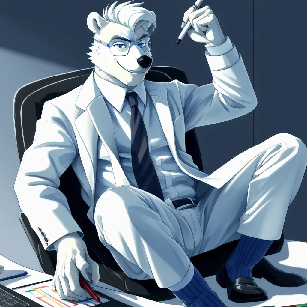 polar bear  dad male office suit  white shirt slighly  well built , blue eyes glasses, head crest white hair, levitating relaxing  spread legs, feet with white ankle sock, disney profile,  drawing lineart full body shading   evil smug , kemono , detailed eyes , high quality , 