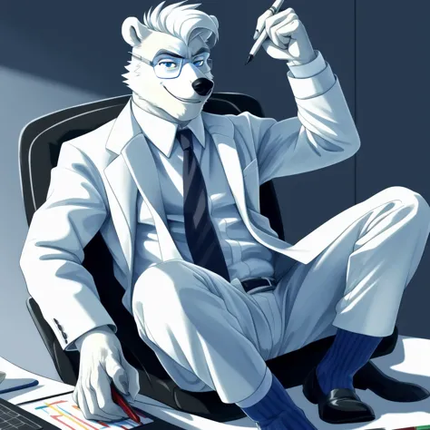 polar bear  dad male office suit  white shirt slighly  well built , blue eyes glasses, head crest white hair, levitating relaxin...