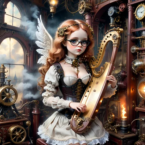 (angel doll playing knitted harp:1.2), (voodoo steampunk:1.3), (badass clothing: leather corset, aviator glasses, gears and mech...