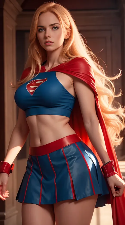 a sexy athletic girl with large breasts,blue top,red skirt,red boots,long blonde hair,red cape,extremely detailed face,hyper rea...