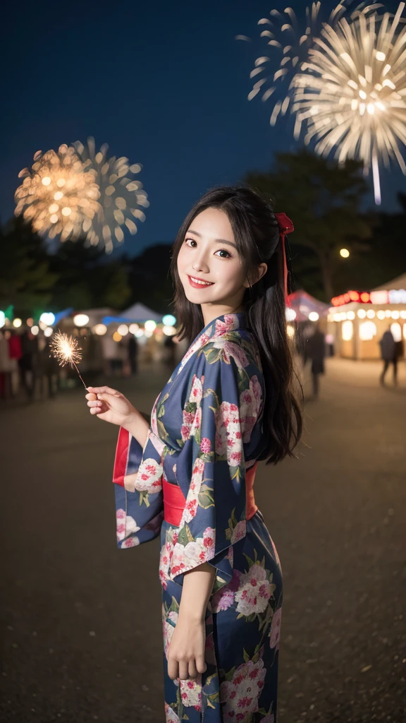 1 chica,vistiendo un kimono con tema navideño,ropa japonesa, kimono de navidad, impresión del tema de navidad,espectador mirando,de cerca,de_frente:1.2,festival,yukata,vestimenta tradicional,Cinta para el pelo,sandalias,Al aire libre,paisaje urbano,sonriente,Noche,fondo colorido de fuegos artificiales,lantern,coloridos fuegos artificiales en el cielo:1.6,Verano,cultura japonesa,[iluminación cinematográfica:0.8],Realista:1.3,escenario,festival japonés,vista de la ciudad,Feliz,alegría,Actitud festiva. (obra maestra),(mejor calidad:1.2),absurdos,