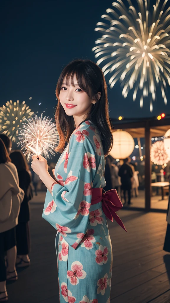 1girl,wearing christmas theme kimono,japanese clothes, chirstmas kimono, christmas theme print,looking viewer,close up,from_front:1.2,festival,yukata,traditional attire,hair ribbon,sandals,outdoors,cityscape,smiling,night,colourful firework background,lantern,colourful fireworks in sky:1.6,summer,japanese culture,[cinematic lighting:0.8],realistic:1.3,scenery,japanese festival,city view,happy,joy,festive mood. (masterpiece),(best quality:1.2),absurdres,