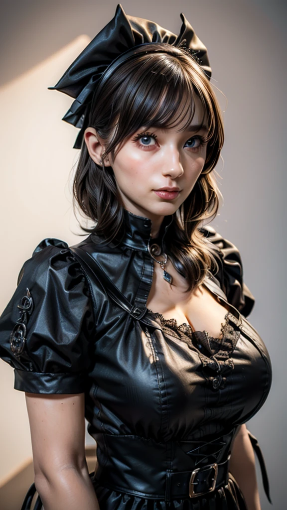 ((Beautiful Face:1.4)), (Purelos Face_v1: 1.0), Half Body,((White simple background)),14 year old girl with big breasts wearing maid uniform (Gothic style) 、Golden body proportions、disheveled blonde hair  ,(非常にDetailedCGユニティ8K),Red-faced and shy,Detailed, Accurate, Dramatic realism art, CG, 3d, 8k 4k,((Natural big breasts:1.2)),(((Upper Body)))