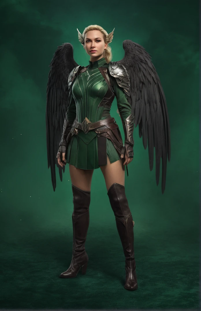 gros plan d'une femme avec des ailes sur un fond vert, personnage de style valkyrie, bel art conceptuel du corps entier, concept art de personnage impressionnant en 8k, nouveau concept de costumes, art conceptuel détaillé du corps entier, Personnage principal féminin, Concept art de personnages cinématographiques, art de personnage épique et exquis, Des illustrations de personnages étonnantes, comme une valkyrie mystique, art conceptuel de personnage réaliste, Concept art d'un personnage