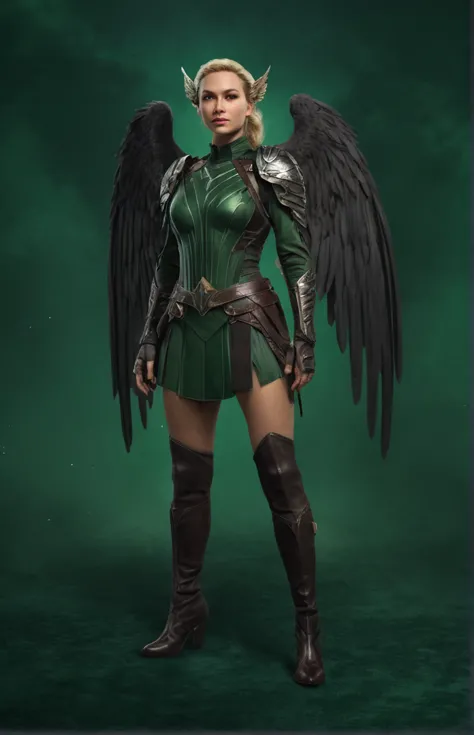 close-up of a woman with wings on a green background, Valkyrie style character, beautiful full body concept art, awesome charact...