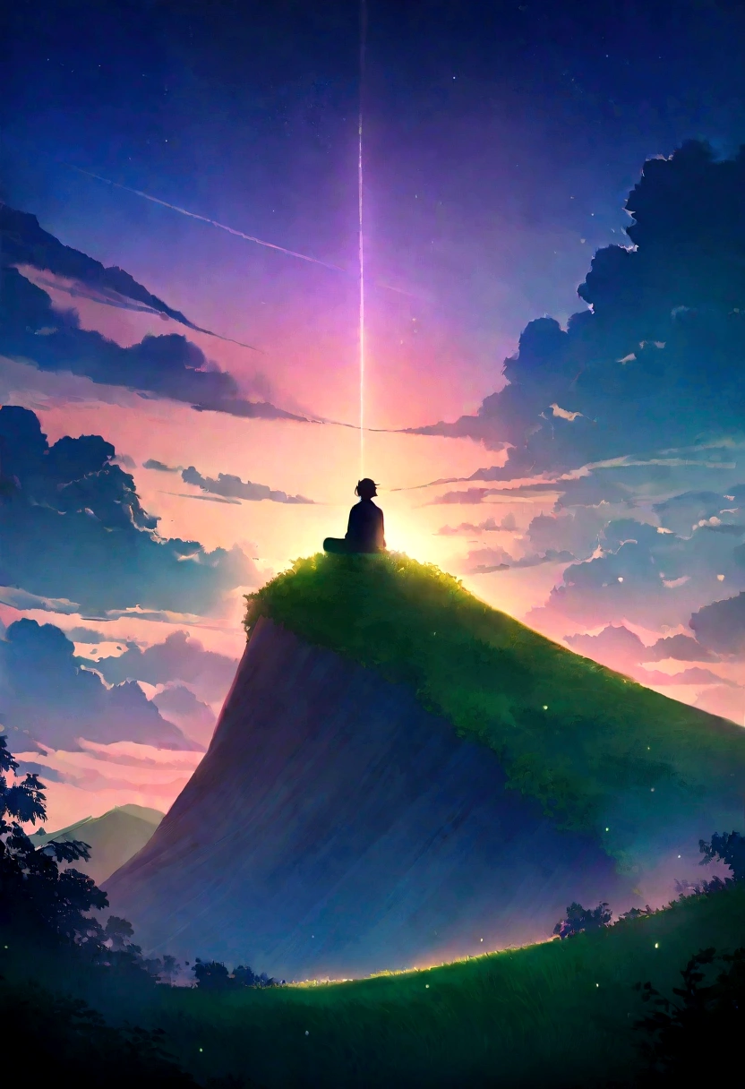 Gojo Satoru sitting on the top of a hill, watching the sunrise. The scene is peaceful, with vibrant colors of dawn illuminating the sky and the lush greenery of the hill. The tranquil environment and serene nature create a calming atmosphere. Detailed textures, vivid colors, ethereal lighting, hd quality