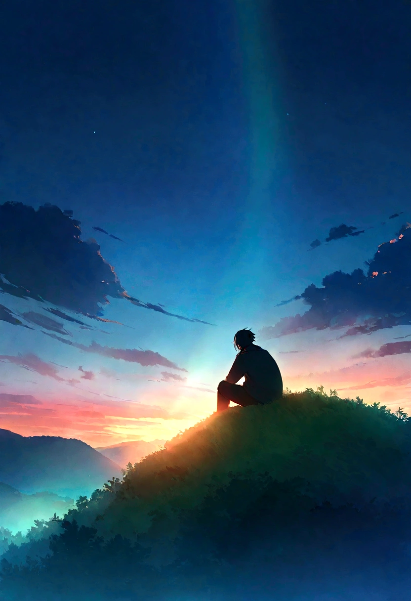 Gojo Satoru sitting on the top of a hill, watching the sunrise. The scene is peaceful, with vibrant colors of dawn illuminating the sky and the lush greenery of the hill. The tranquil environment and serene nature create a calming atmosphere. Detailed textures, vivid colors, ethereal lighting, hd quality