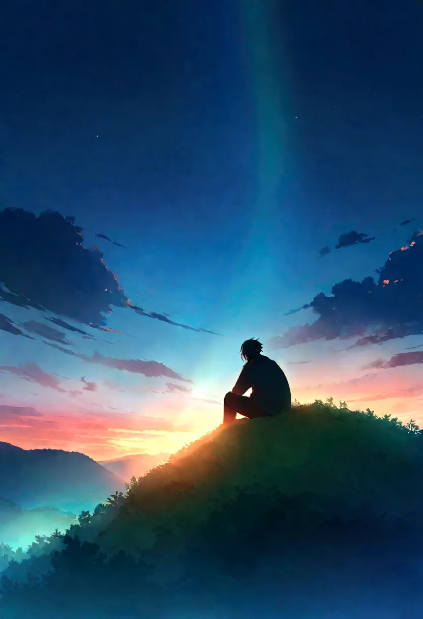 gojo satoru sitting on the top of a hill, watching the sunrise. the scene is peaceful, with vibrant colors of dawn illuminating ...