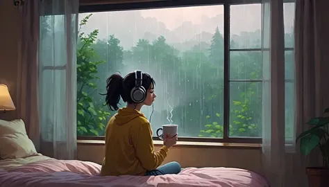 lofi song, sitting on the bed. looking at the window, having a coffee. listening to music on headphones, while looking out the w...