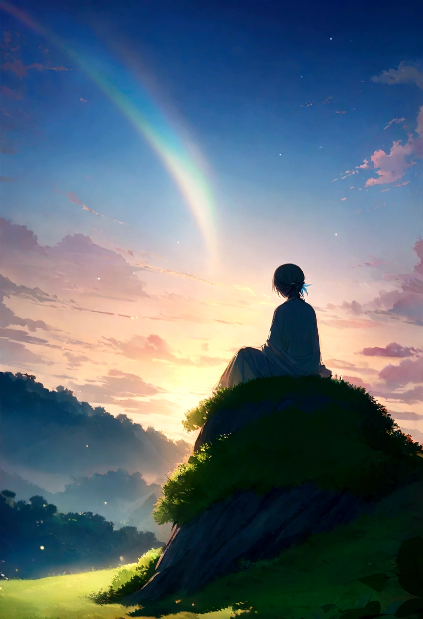 Gojo Satoru sitting on the top of a hill, The scene is peaceful, with vibrant colors of dawn illuminating the sky and the lush greenery of the hill. The tranquil environment and serene nature create a calming atmosphere. Detailed textures, vivid colors, ethereal lighting, hd quality