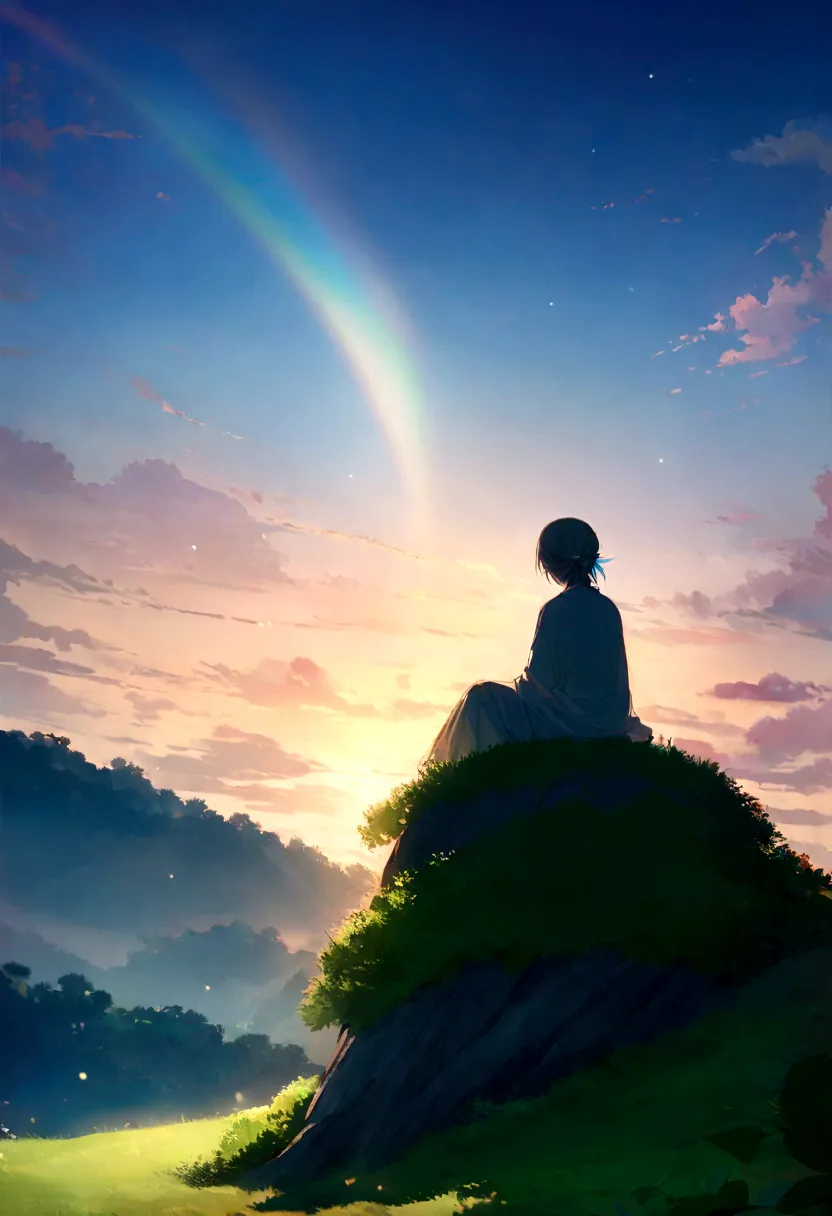 gojo satoru sitting on the top of a hill, the scene is peaceful, with vibrant colors of dawn illuminating the sky and the lush g...