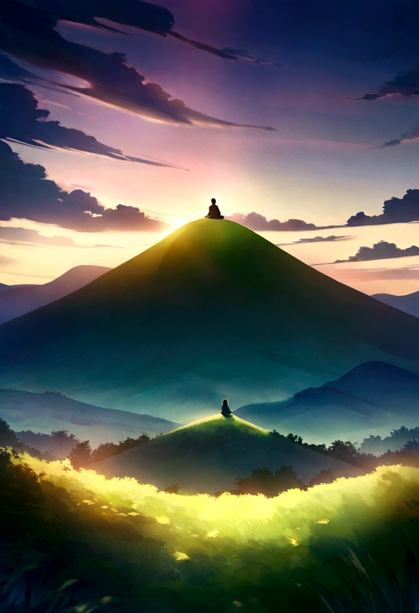 Gojo Satoru sitting on the top of a hill, The scene is peaceful, with vibrant colors of dawn illuminating the sky and the lush greenery of the hill. The tranquil environment and serene nature create a calming atmosphere. Detailed textures, vivid colors, ethereal lighting, hd quality