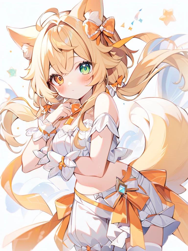 very delicate art, delicate colors,1girl, animal ears, bangs, bare shoulders, blonde hair, blush, bow, breasts, white cleavage, cropped torso, , green eyes, hair ribbon, heterochromia,  stlooking at viewer, , orange bow, orange eyes, orange ribbon, ears like an unearthly animal, fluffy tail, light tail, real tail, ribbon, solo, stuffed animal, stuffed bunny, stuffed toy, twintails, upper body, full-length, white legbands, white shoes with lace and white bows, white background, wrist cuffs, yellow eyes, bloomers, close-up, fair skin frills, lace, midriff, skirt, solo, , white background,shorts, white top with ribbon and lace and trousers,trousers, genshin,white slippers with a bow,All clothes are white, laceAt full height, it stands, в полный рост