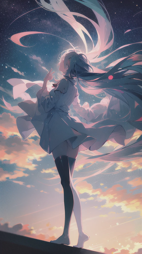 best quality, masterpiece, sunset, cloud, 1girl, long hair, sky, cloudy sky, thighhighs, horizon, solo, floating hair, gradient sky, outdoors, star, starry sky, blue hair, full body, standing, looking at viewer, background, light and shadow, lighting, sunset, sky,