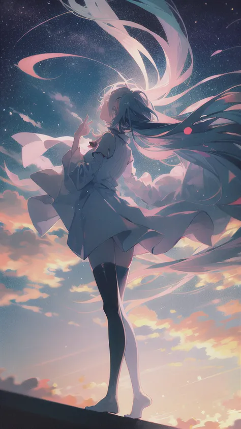 best quality, masterpiece, sunset, cloud, 1girl, long hair, sky, cloudy sky, thighhighs, horizon, solo, floating hair, gradient ...