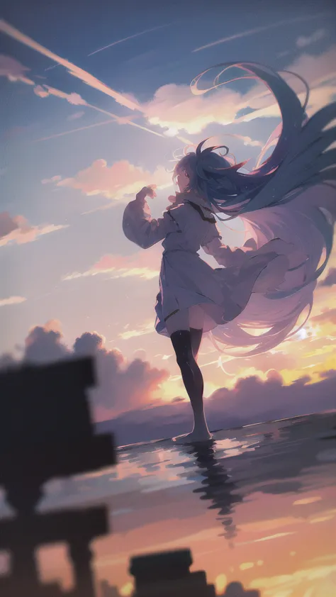 best quality, masterpiece, sunset, cloud, 1girl, long hair, sky, cloudy sky, thighhighs, horizon, solo, floating hair, gradient ...