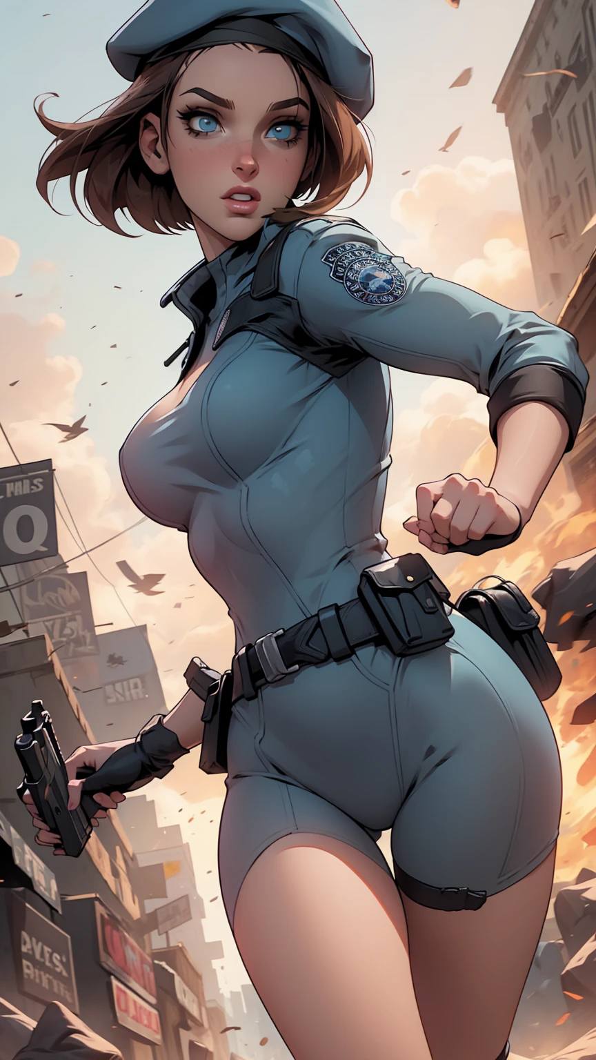 Jill Valentin, portant l&#39;uniforme de la police et un béret, fuir les zombies, La femme a une arme à la main pour se défendre