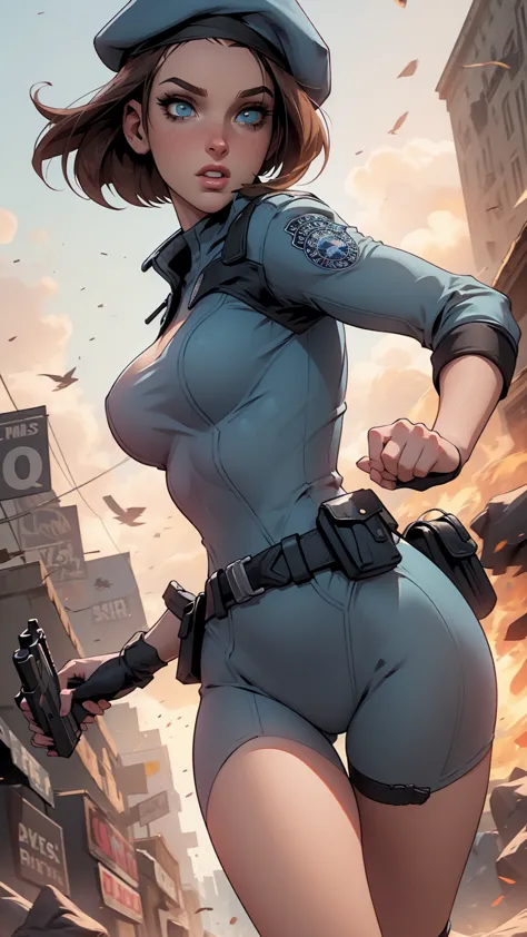 jill valentine, wearing police uniform and beret, running from zombies, The woman has a gun in her hand to defend herself