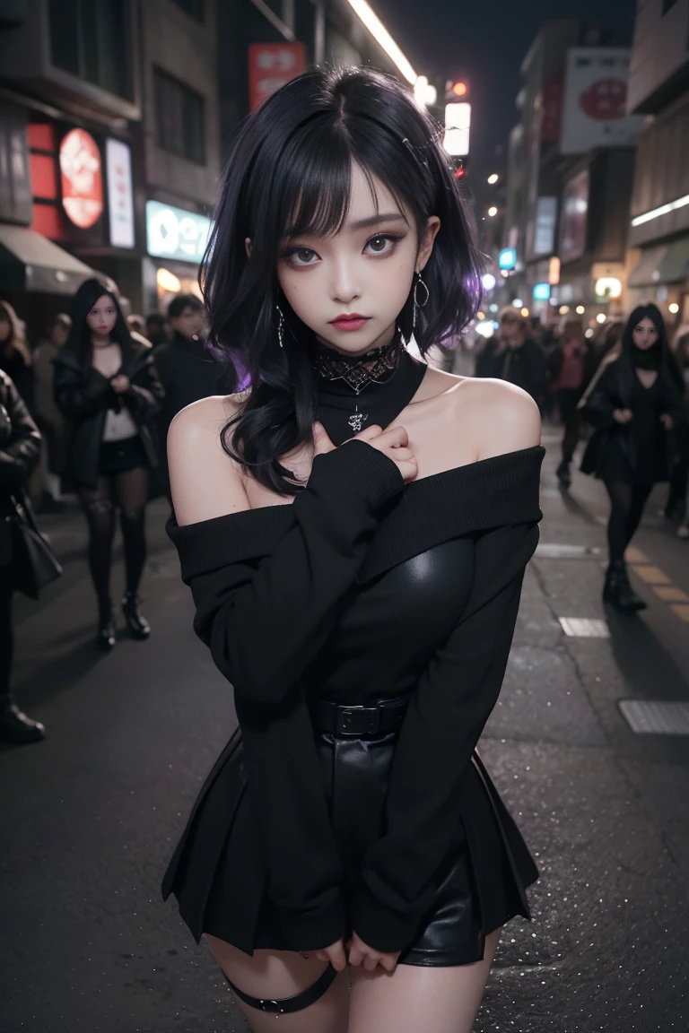 4k-ultra sharp、highest quality, masterpiece, ultra high resolution, (reality: 1.4),  16 year old girl, purple eyes, Off-the-shoulder sweater dresses, cinematic lighting、purple and black hair、(mine girl、goth makeup、mine makeup)、(Pierced ears、big breasts、Oversized black T-shirt with open shoulders、dark mini skirt)、((dark makeup、oil skin,sparkling skin、realistic skin texture、detailed beautiful skin、shiny skin)), Dark downtown at night、night、blue film photography、Kabukicho、Dark Cyberpunk、(full shot:1.8)、thin legs、thin arms、thin shoulders、thin waist、slender body、big breasts、whole body、Height 161cm、Weight 48Kg、F cup three sizes:B90/W56/H87 A big-breasted  with experience of over 50 people