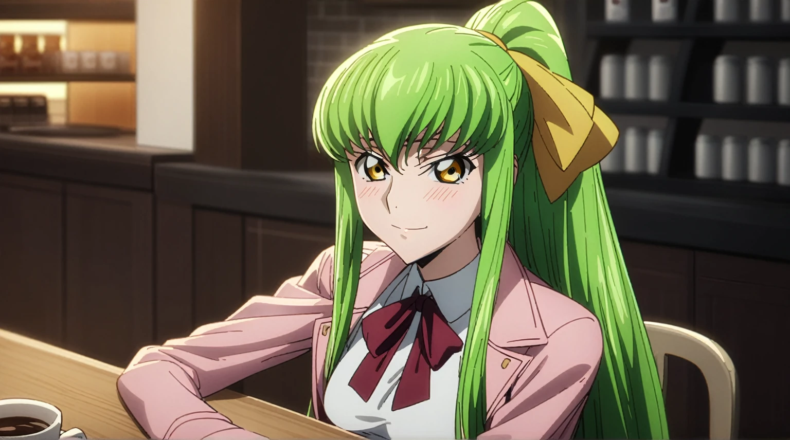 1girl, c.c., code geass, masterpiece, best quality, very aesthetic, absurdres, (faint light), (deep shadows), anime coloring, nsfw, blush, cinematic lighting, realistic shadows, fine_ascxl, anime screencap, medium_breasts, green hair, smirk, Inside the store、Coffee shop、table、Chair、1girl, 独奏, ribbon, yellow_eyes, dress, looking_at_viewer, pink_jacket, very_long_hair, hair_ribbon, yellow_ribbon, jacket, Neck_ribbon, hair_between_eyes, white_dress, bangs, ponytail, pink_ribbon, open_clothes, open_jacket, long_sleeves, standing, 