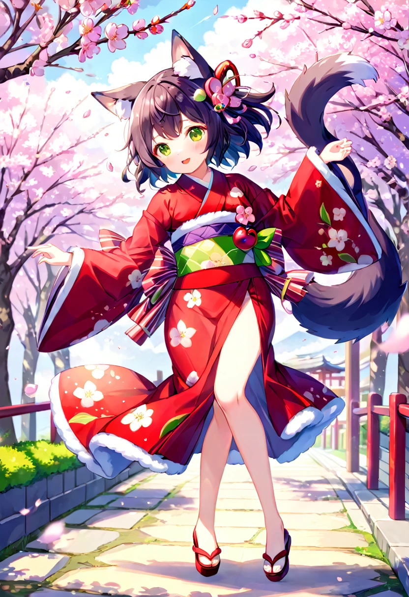 masterpiece, shuimobysim, badashanren, Shukezouma, kimono, The cherry tree, cherry blossoms dancing in the wind(super cute 1girl, solo, kemono, furry anthro)(animal ear, animal tail)full body,