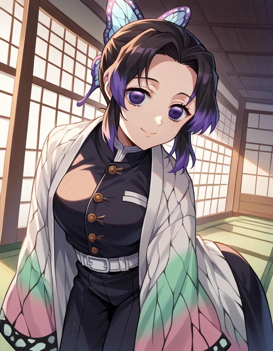 score_9, score_8_up, score_7_up, source_anime,
Shinobukochou, Shinobu Kochou, black tied hair, butterfly, butterfly hair ornament, purple eyes,
black pants, kimono, demon slayer uniform, long sleeves,
indoors, dojo, bent over, smile,
solo, dutch angle, looking at viewer, cowboy shot,