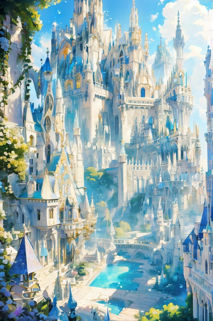 "A breathtaking, colossal white castle set in a vibrant, lush fantasy world named Avalon. The Grand Castle of Avalon is a divine creation, featuring a central tower that rises to one kilometer in height, surrounded by at least twelve major towers with blue pointed roofs and gold details. The castle's walls, standing at 60 meters tall, are pristine white with delicate gold embellishments. The structure is a mix of gothic and fairy-tale architecture, with intricate carvings and ethereal patterns. The roofs of the towers and main buildings are steep and blue, with gold accents shimmering in the sunlight. The castle is encircled by an expansive courtyard filled with exotic plants, colorful flowers, a large hedge maze, and whimsical fairies tending to the greenery. Majestic statues and water features add to the enchanting atmosphere. The entire scene is vibrant and full of life, with a sense of divine beauty and magic."