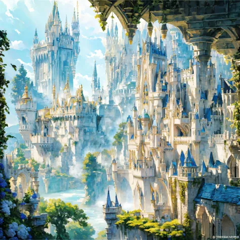 "a breathtaking, colossal white castle set in a vibrant, lush fantasy world named avalon. the grand castle of avalon is a divine...