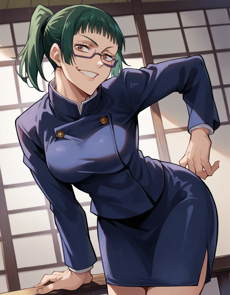 score_9, score_8_up, score_7_up, source_anime,
MakiZenin, Maki Zenin, green ponytail hair, glasses, yellow eyes,
blue tight skirt, blue tight jacket, jujutsu kaisen uniform,
indoors, dojo, bent over, smile,
solo, dutch angle, looking at viewer, cowboy shot,