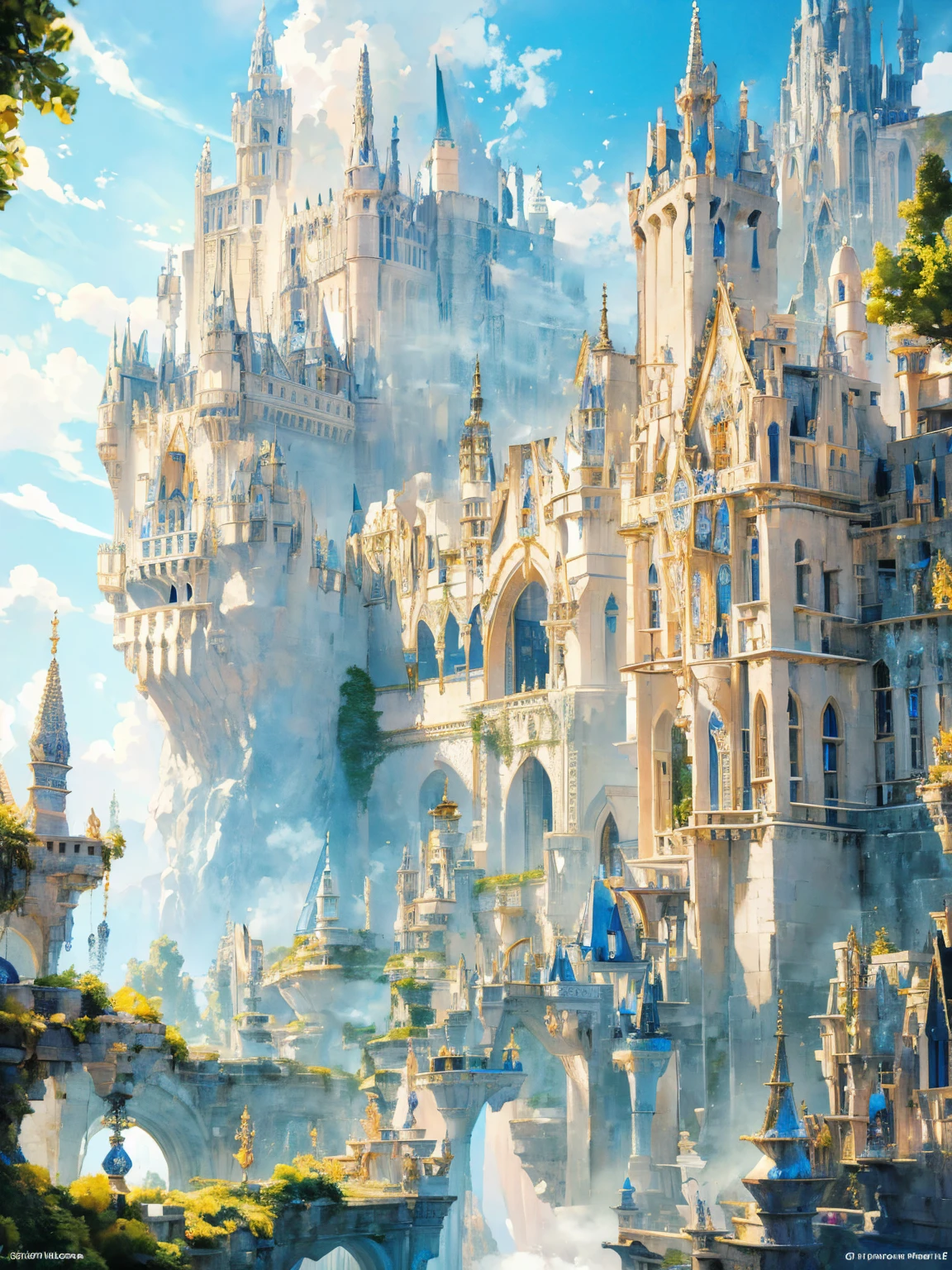 "A breathtaking, colossal white castle set in a vibrant, lush fantasy world named Avalon. The Grand Castle of Avalon is a divine creation, featuring a central tower that rises to one kilometer in height, surrounded by at least twelve major towers with blue pointed roofs and gold details. The castle's walls, standing at 60 meters tall, are pristine white with delicate gold embellishments. The structure is a mix of gothic and fairy-tale architecture, with intricate carvings and ethereal patterns. The roofs of the towers and main buildings are steep and blue, with gold accents shimmering in the sunlight. The castle is encircled by an expansive courtyard filled with exotic plants, colorful flowers, a large hedge maze, and whimsical fairies tending to the greenery. Majestic statues and water features add to the enchanting atmosphere. The entire scene is vibrant and full of life, with a sense of divine beauty and magic."