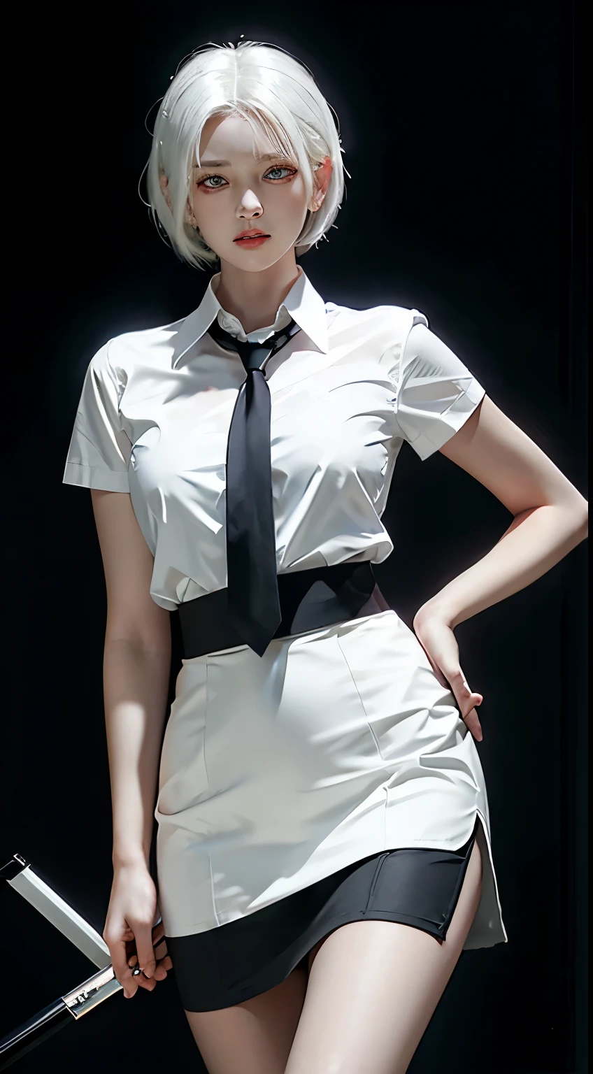 Photorealistic, high resolution, 1 woman, Hips up, Beautiful eyes, White hair, short  hair, ringed eyes, Collared shirt, black necktie,Black skirt, pencil skirts