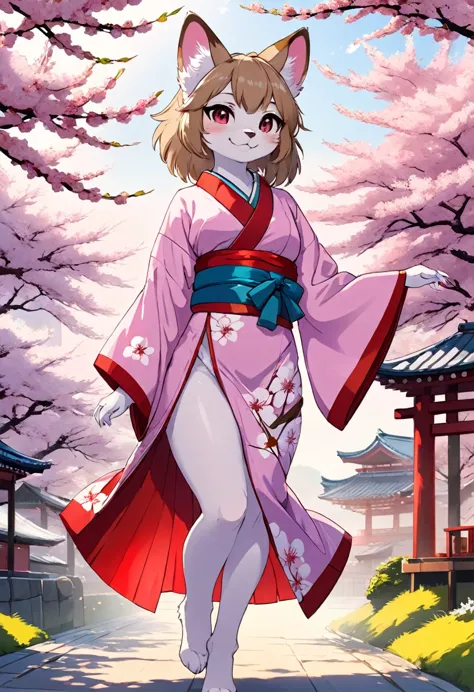 masterpiece, kimono, The cherry tree, cherry blossoms dancing in the wind(super cute 1girl, solo, kemono, furry anthro)