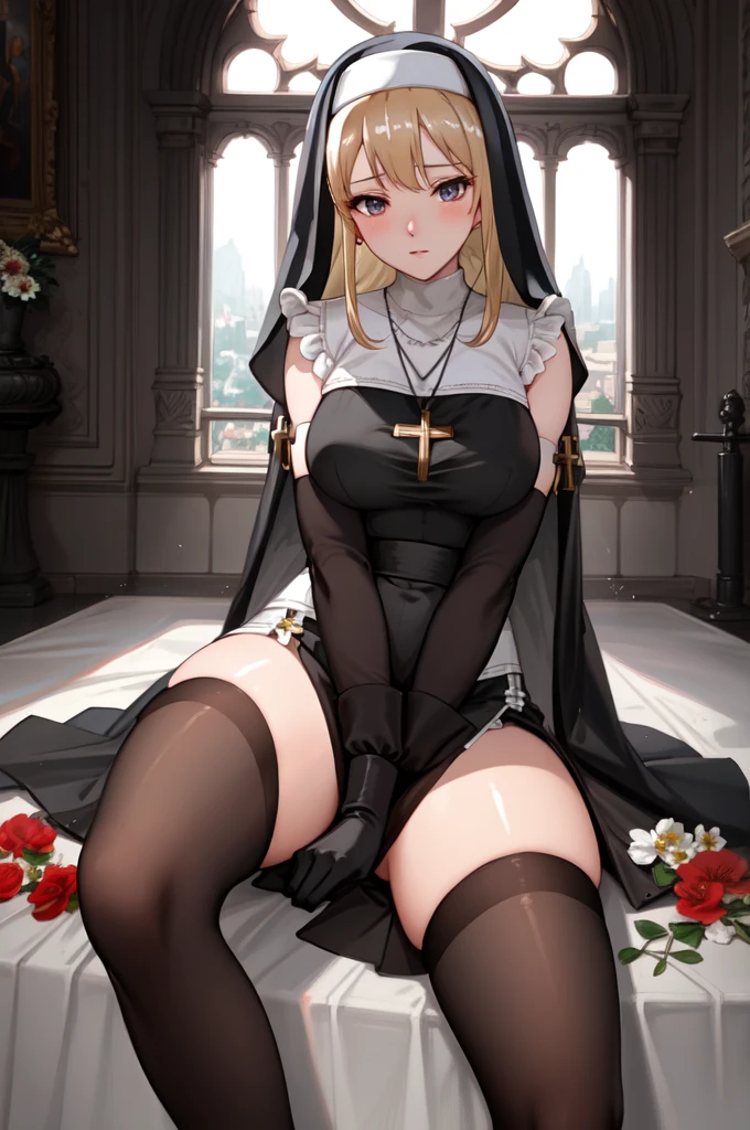 Ultra-realistic 8K CG, perfection, clean, masterpiece, Professional artwork, Famous works of art, Cinema Lighting, Cinematic Flowers, perfectionな顔, Beautiful Face, pray, Knee socks, Black gloves, Cross Necklace, Side slits, Nuns, stand、Spread your legs、between legs