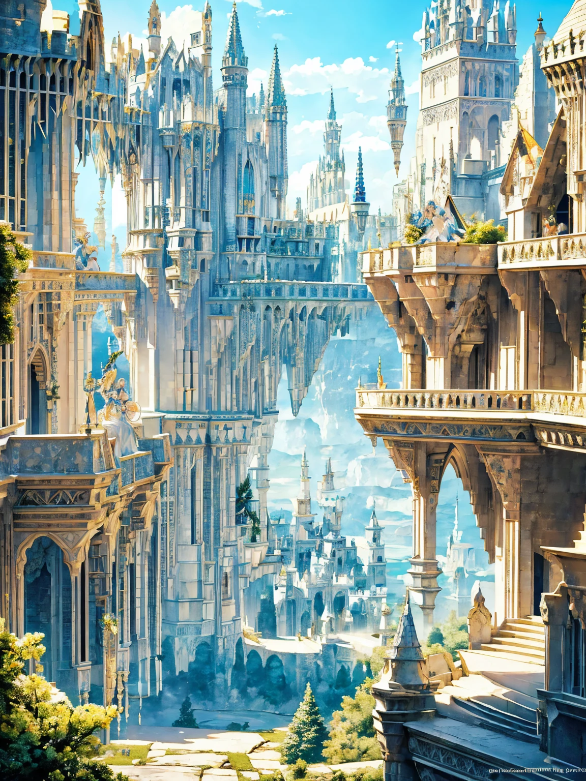 "A breathtaking, colossal white castle set in a vibrant, lush fantasy world named Avalon. The Grand Castle of Avalon is a divine creation, featuring a central tower that rises to one kilometer in height, surrounded by at least twelve major towers with blue pointed roofs and gold details. The castle's walls, standing at 60 meters tall, are pristine white with delicate gold embellishments. The structure is a mix of gothic and fairy-tale architecture, with intricate carvings and ethereal patterns. The roofs of the towers and main buildings are steep and blue, with gold accents shimmering in the sunlight. The castle is encircled by an expansive courtyard filled with exotic plants, colorful flowers, a large hedge maze, and whimsical fairies tending to the greenery. Majestic statues and water features add to the enchanting atmosphere. The entire scene is vibrant and full of life, with a sense of divine beauty and magic."