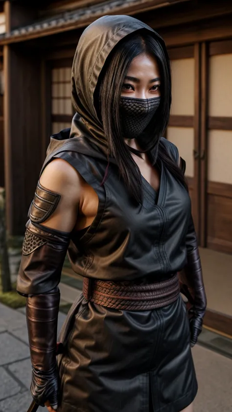 female shinobi with shoulder armor, asian, long black hair, brown eyes, hooded, fishnets, ninja garb, sakura background, japan